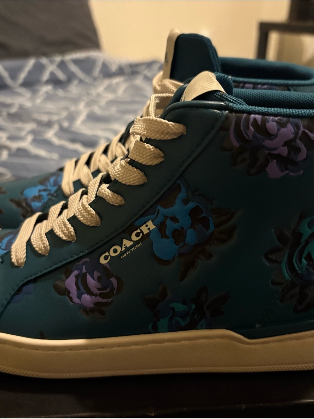 Coach Teal Floral High-Top Sneakers with Purple & Blue Accents
